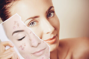 Woman peels off "mask" with acne to reveal clear complexion below.